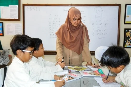 Kindergarten teacher and her students.