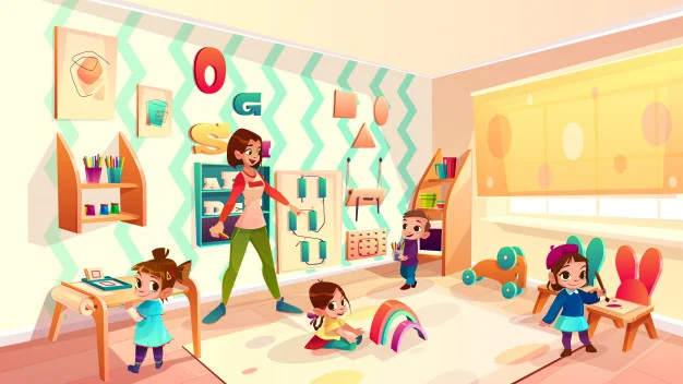 Illustration of teacher and children in a preschool classroom.