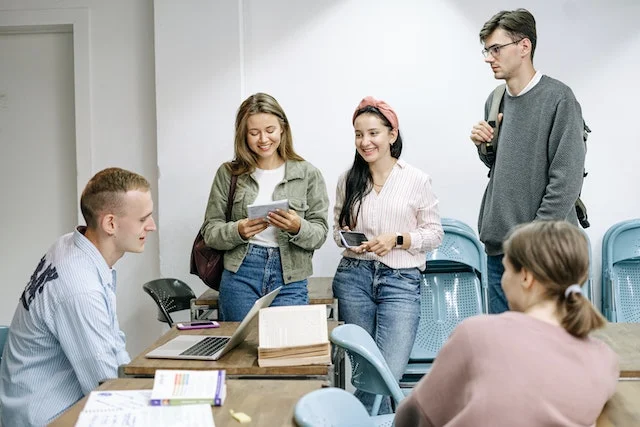 A group of college friends studying.